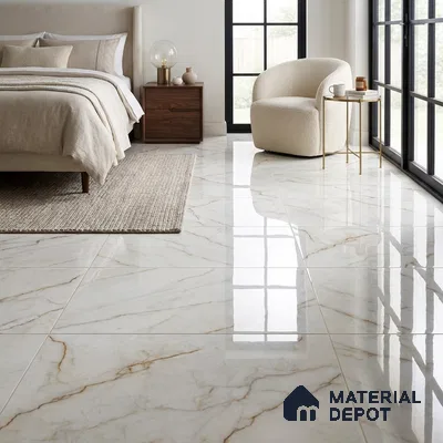 Modern Bedroom with Glossy Cream Marble-Look Floor Tile and Amber Veins