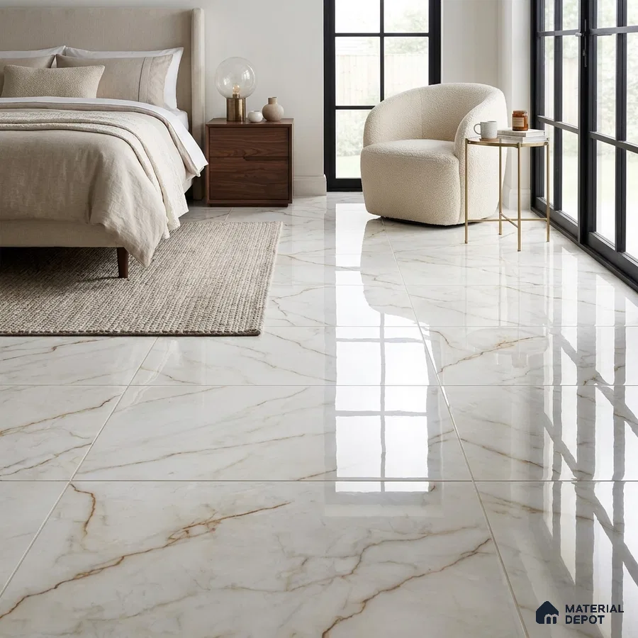 Modern Bedroom with Glossy Cream Marble-Look Floor Tile and Amber Veins