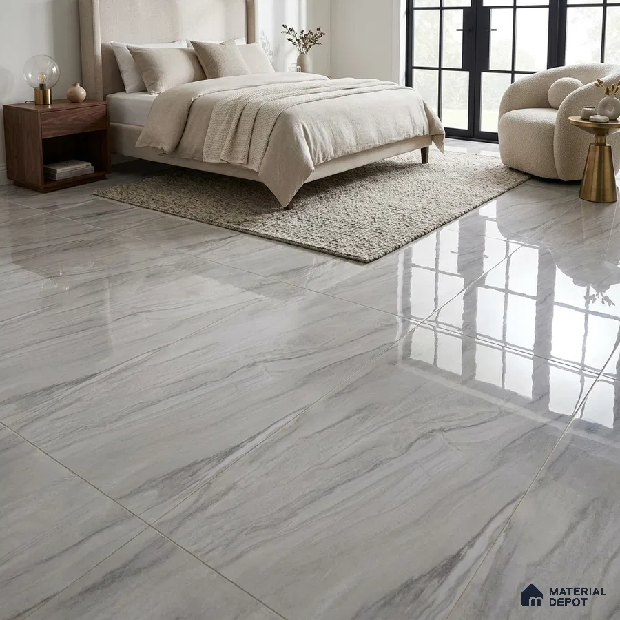 Modern Bedroom with Glossy Grey Marble-Look Floor Tile