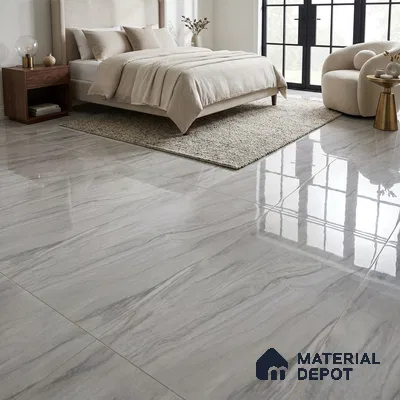 Modern Bedroom with Glossy Grey Marble-Look Floor Tile