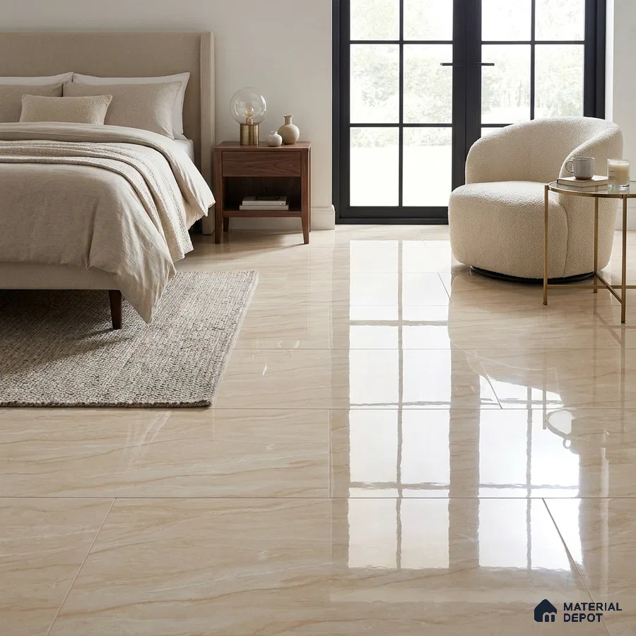 Modern Bedroom with Glossy Cream Beige Marble-Look Floor Tile