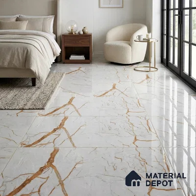 Modern Bedroom with Glossy White Marble-Look Floor Tile and Amber Veins