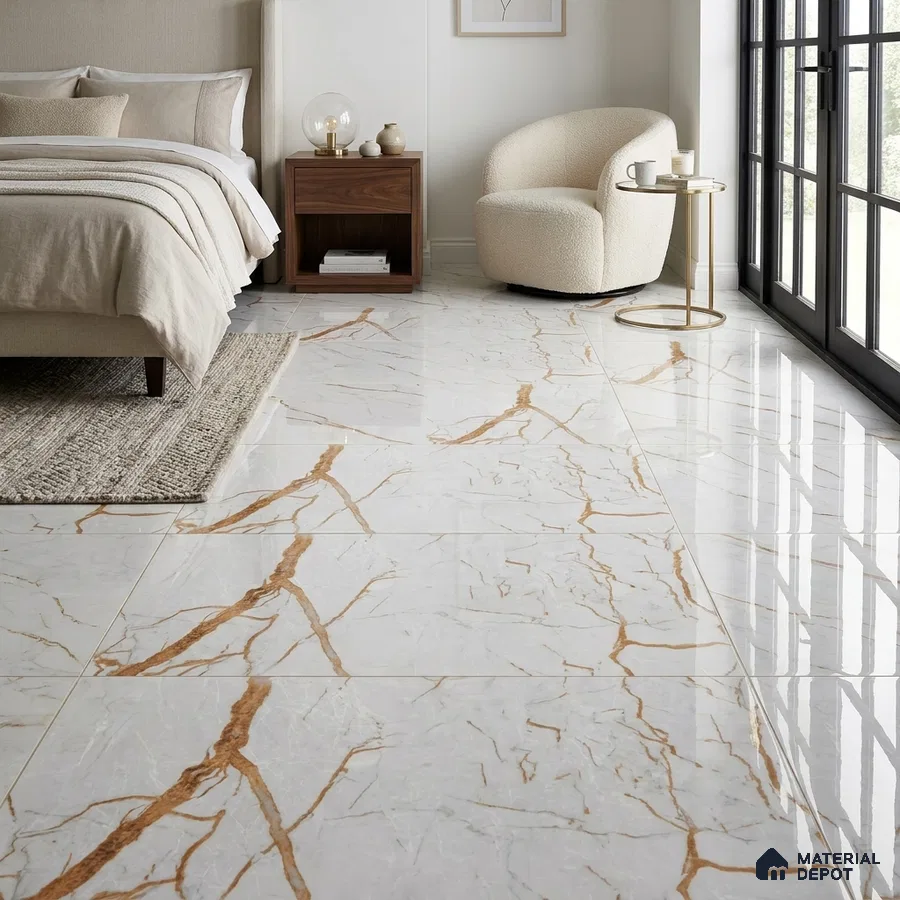 Modern Bedroom with Glossy White Marble-Look Floor Tile and Amber Veins
