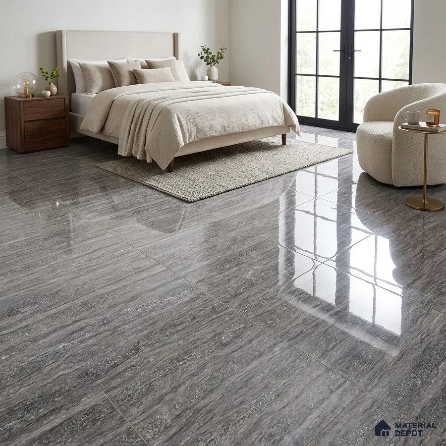 Modern Bedroom with Glossy Grey Marble-Look Floor Tile