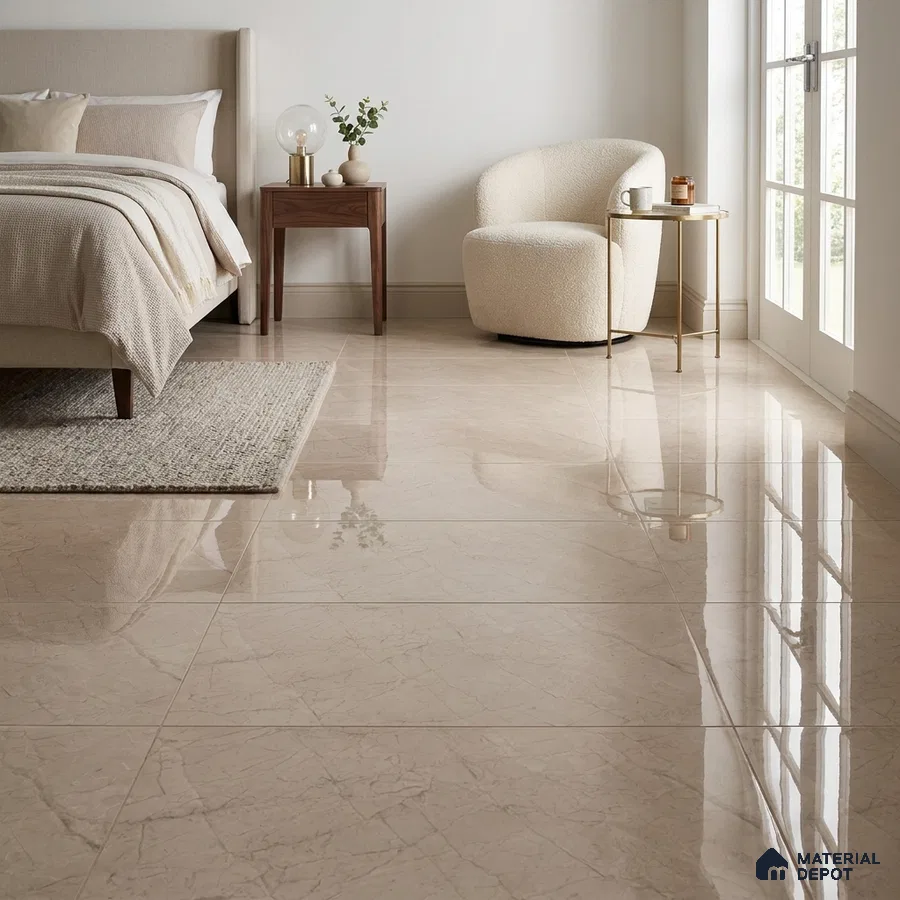 Modern Bedroom with Glossy Beige Marble-Look Floor Tile