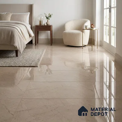 Modern Bedroom with Glossy Beige Marble-Look Floor Tile