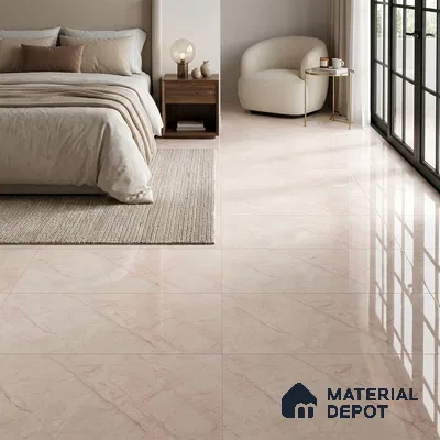 Modern Bedroom with Blush Beige Marble-Look Glossy Floor Tile