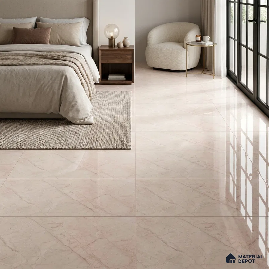 Modern Bedroom with Blush Beige Marble-Look Glossy Floor Tile
