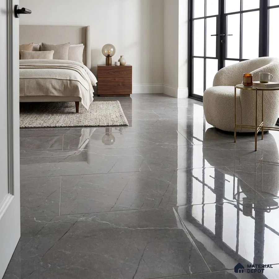 Modern Bedroom with Dark Grey Marble-Look Glossy Floor Tile