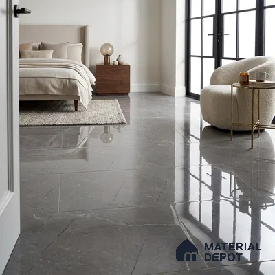 Modern Bedroom with Dark Grey Marble-Look Glossy Floor Tile