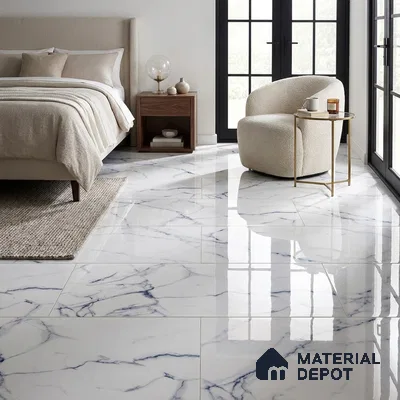 Modern Bedroom with White Marble-Look Glossy Floor Tile and Blue Grey Veins