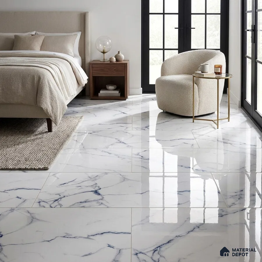Modern Bedroom with White Marble-Look Glossy Floor Tile and Blue Grey Veins