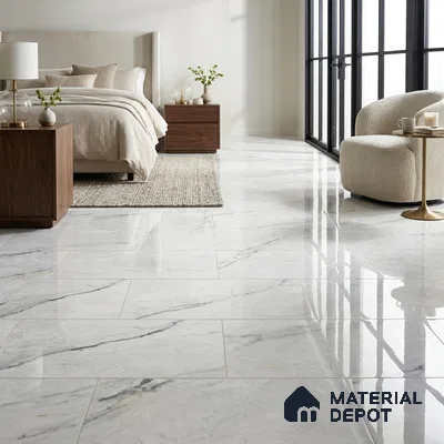 Modern Bedroom with White and Grey Marble-Look Glossy Floor Tile