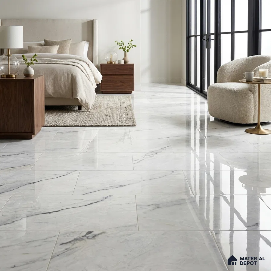 Modern Bedroom with White and Grey Marble-Look Glossy Floor Tile