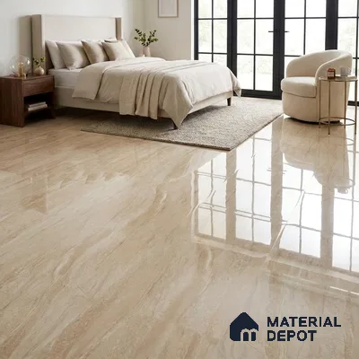 Modern Bedroom with Beige Travertine-Look Glossy Floor Tile