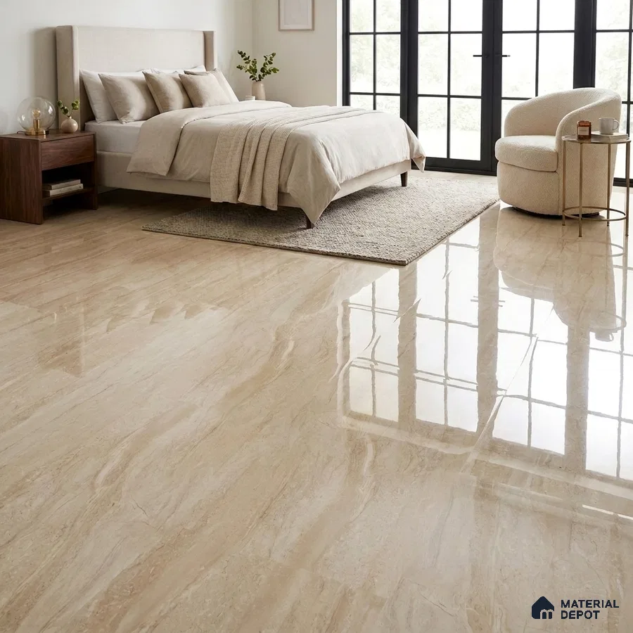 Modern Bedroom with Beige Travertine-Look Glossy Floor Tile