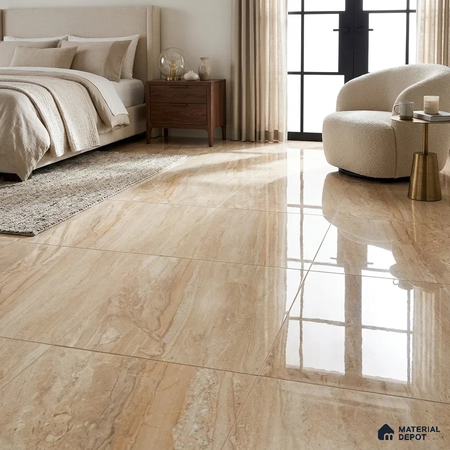Modern Bedroom with Cream Marble-Look Glossy Floor Tile and Gold Veins