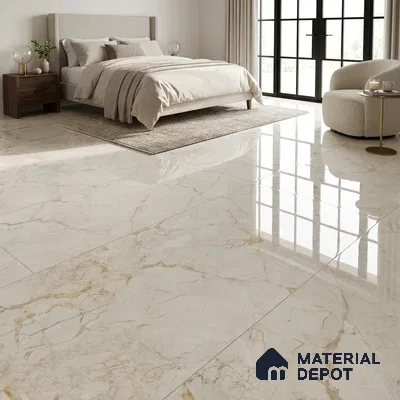 Modern Bedroom with Warm Beige Marble-Look Glossy Floor Tile