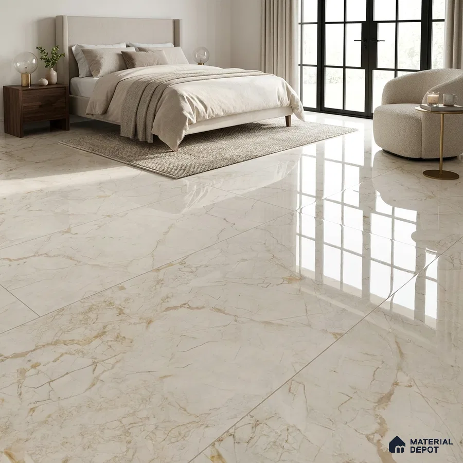 Modern Bedroom with Warm Beige Marble-Look Glossy Floor Tile