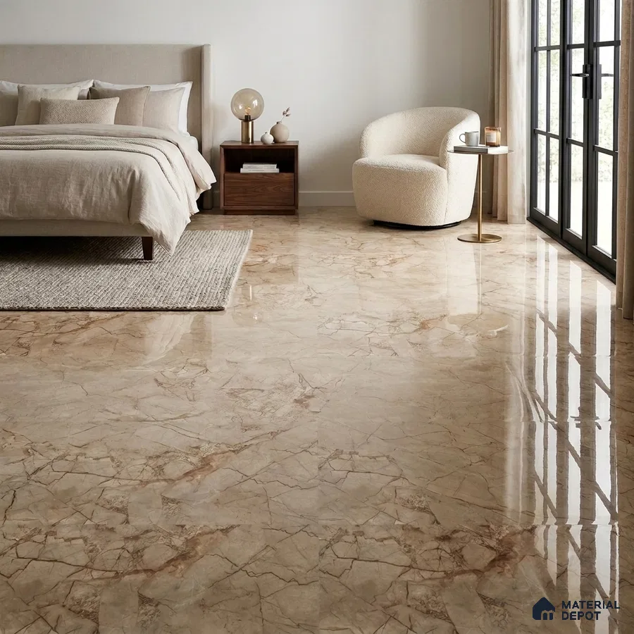 Modern Bedroom with Hazel Brown Marble-Look Glossy Floor Tile