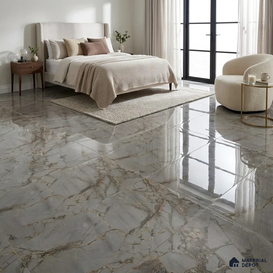 Modern Bedroom with Grey Marble-Look Glossy Floor Tile and Gold Veins