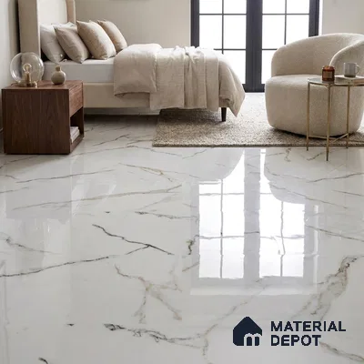 Modern Bedroom with White Marble-Look Glossy Floor Tile and Gold Veins