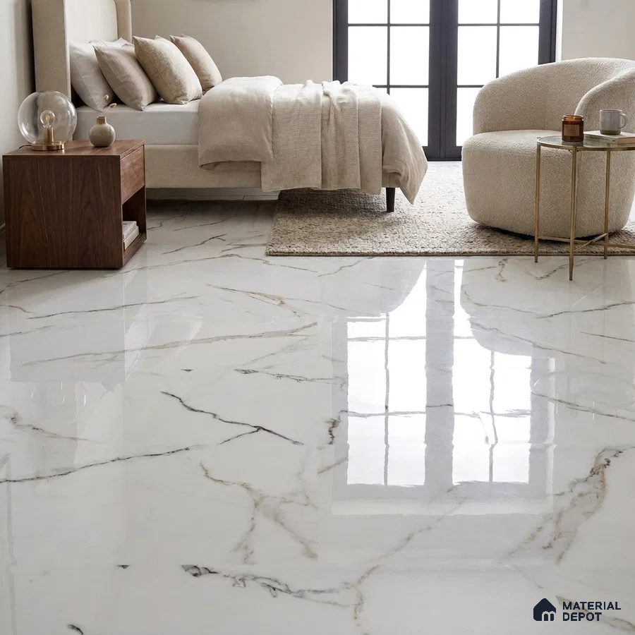 Modern Bedroom with White Marble-Look Glossy Floor Tile and Gold Veins