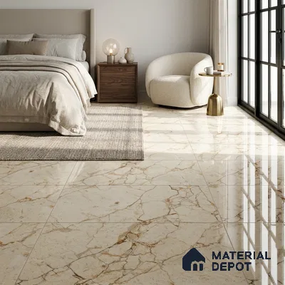 Modern Bedroom with Cream Marble-Look Glossy Floor Tile and Gold Veins