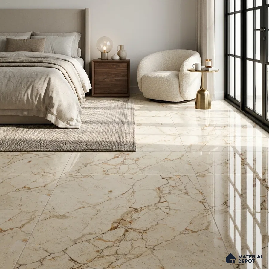 Modern Bedroom with Cream Marble-Look Glossy Floor Tile and Gold Veins