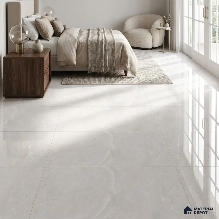 Modern Bedroom with Off-White Marble-Look Glossy Floor Tile