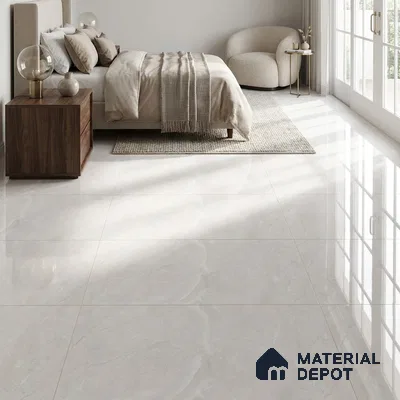 Modern Bedroom with Off-White Marble-Look Glossy Floor Tile