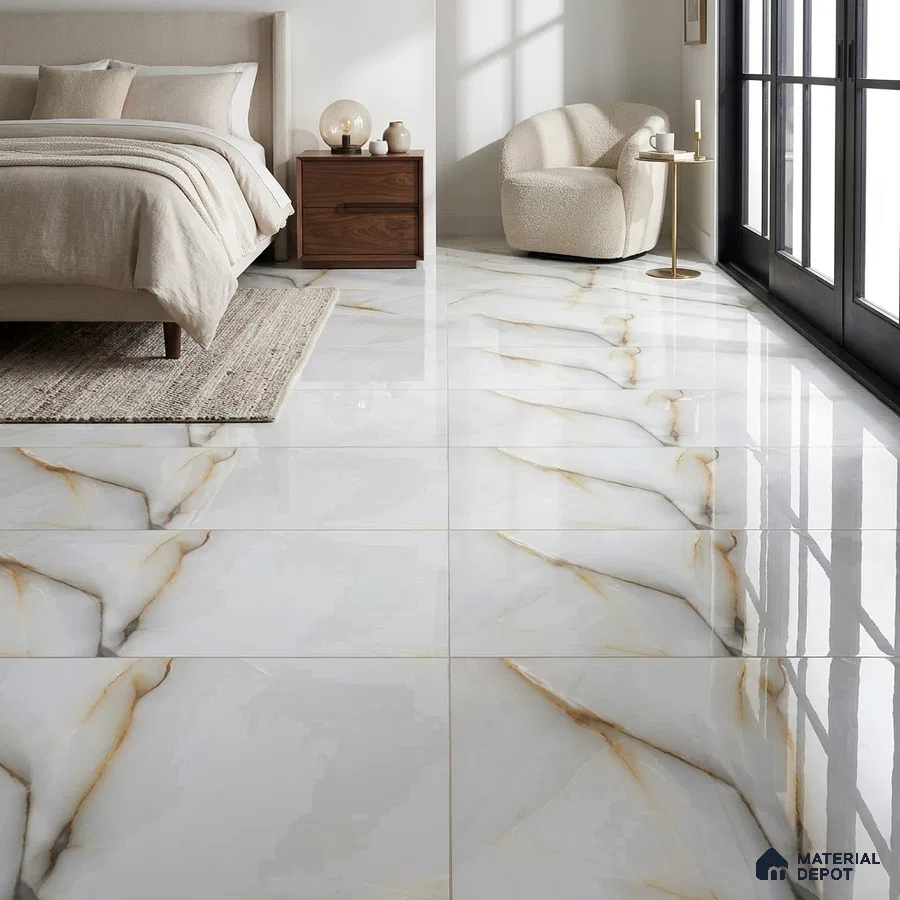 Modern Bedroom with White Marble-Look Glossy Floor Tile and Amber Veins