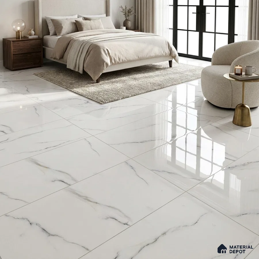 Modern Bedroom with White Statuario Marble-Look Glossy Floor Tile
