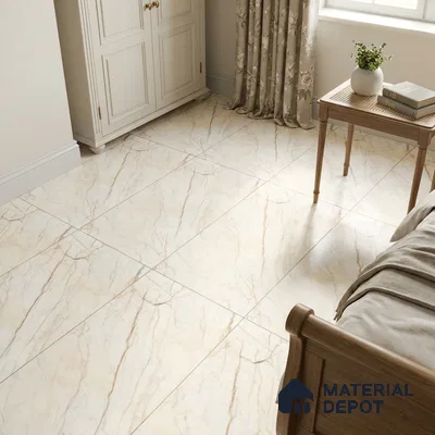 Traditional Bedroom with Ivory Marble-Look Floor Tile and Gold Veins
