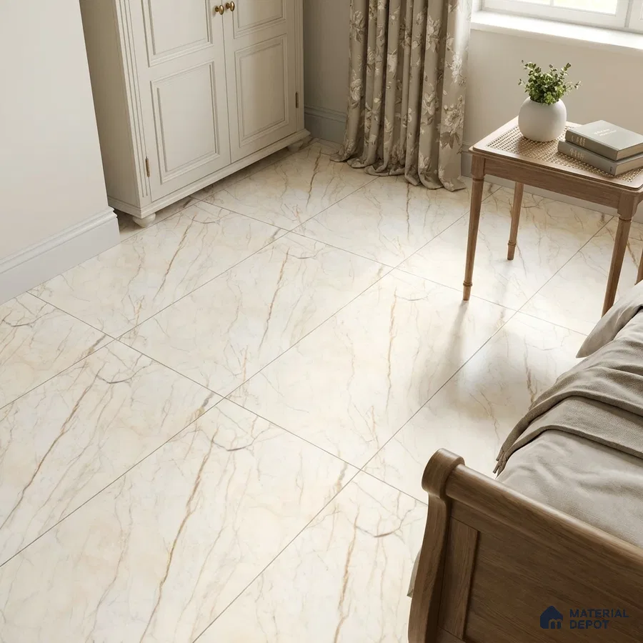 Traditional Bedroom with Ivory Marble-Look Floor Tile and Gold Veins