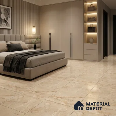 Modern Bedroom with Cream Marble-Look Glossy Floor Tile and Fluted Headboard