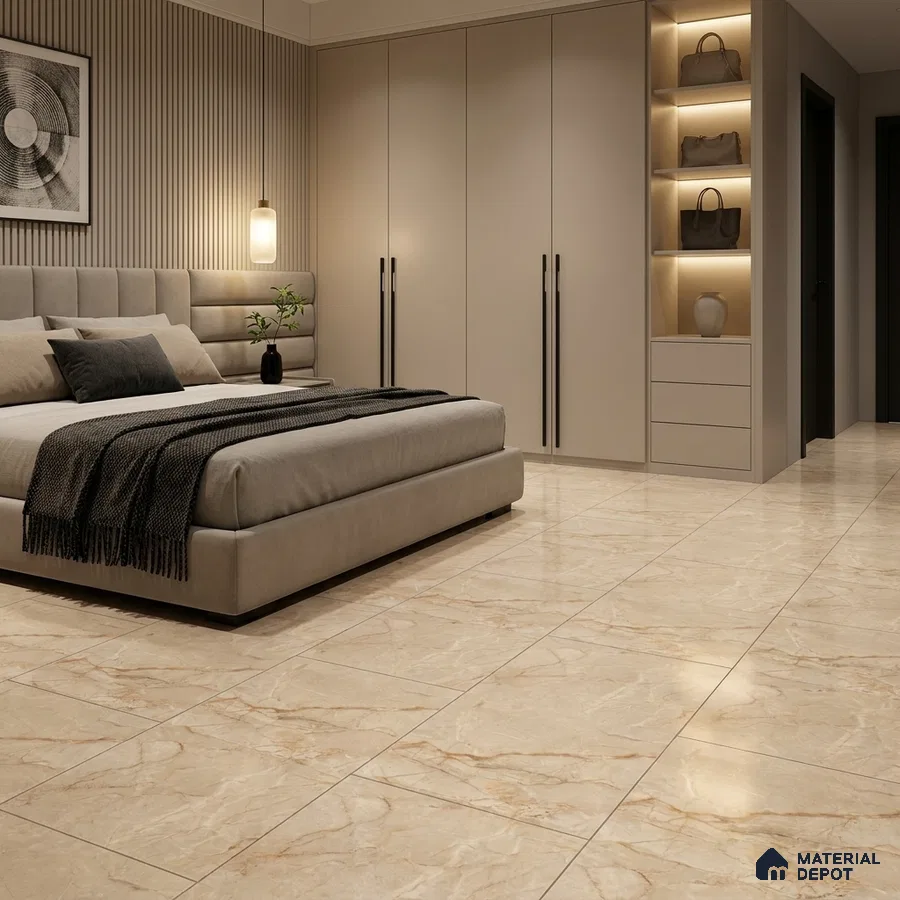 Modern Bedroom with Cream Marble-Look Glossy Floor Tile and Fluted Headboard