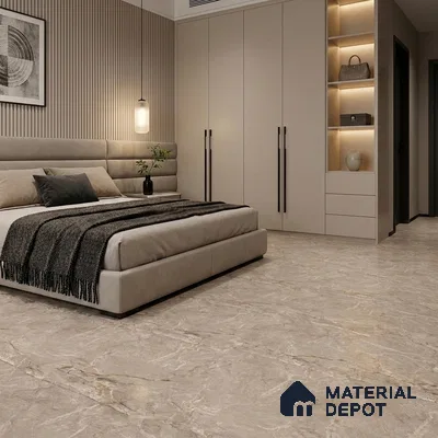 Modern Bedroom with Taupe Marble-Look Glossy Floor Tile