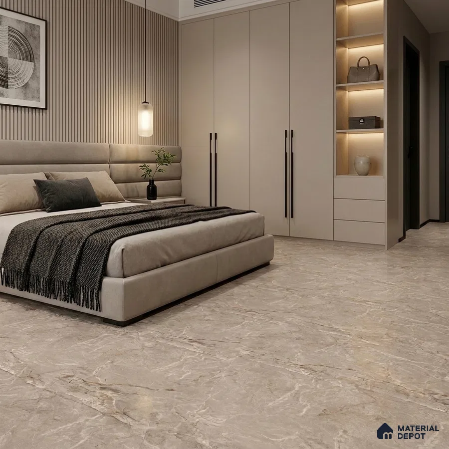 Modern Bedroom with Taupe Marble-Look Glossy Floor Tile