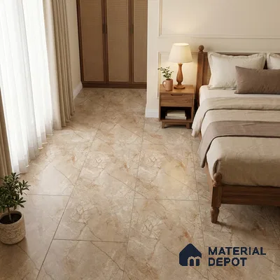 Traditional Bedroom with Beige Marble-Look Floor Tile and Brown Veins