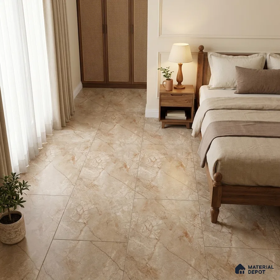 Traditional Bedroom with Beige Marble-Look Floor Tile and Brown Veins