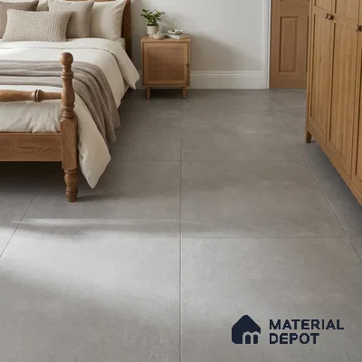 Minimalist Bedroom with Plain Grey Cement-Look Floor Tile