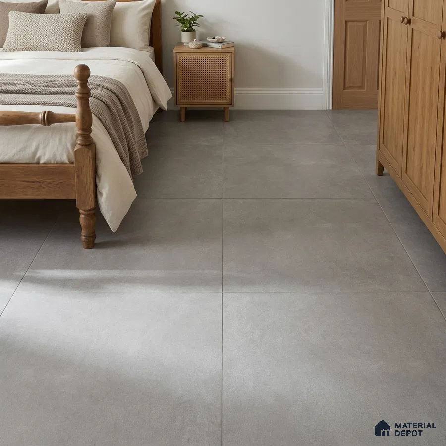 Minimalist Bedroom with Plain Grey Cement-Look Floor Tile
