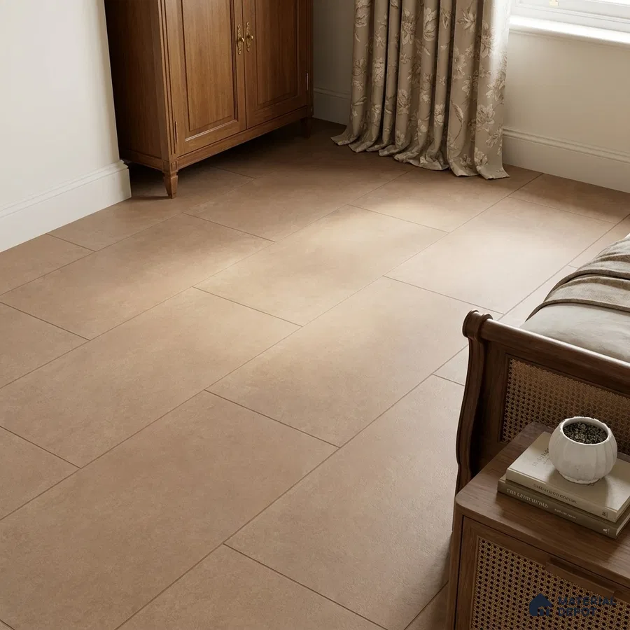 Traditional Bedroom with Taupe Cement-Look Floor Tile