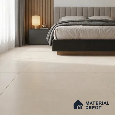 Modern Bedroom with Cream Stone-Look Floor Tile