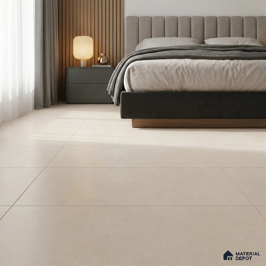 Modern Bedroom with Cream Stone-Look Floor Tile