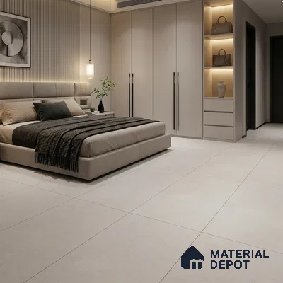 Modern Bedroom with Light Grey Stone-Look Floor Tile