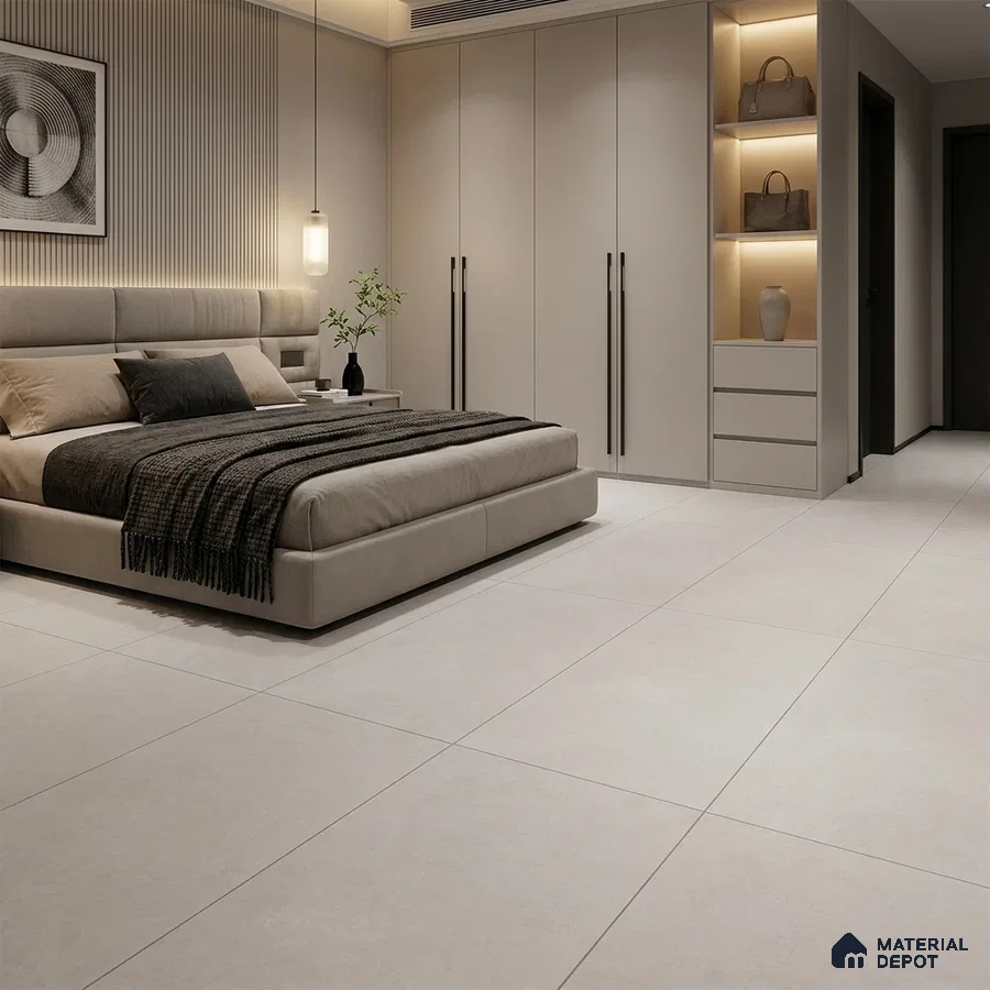 Modern Bedroom with Light Grey Stone-Look Floor Tile