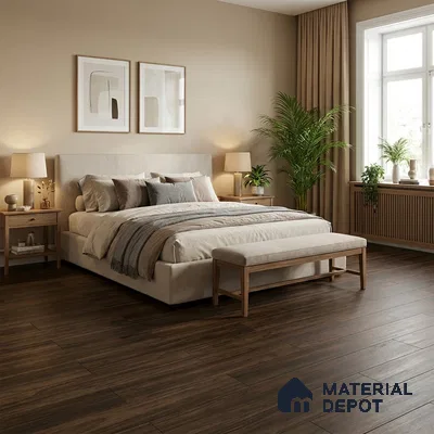 Scandinavian bedroom with walnut brown wooden flooring and beige paint