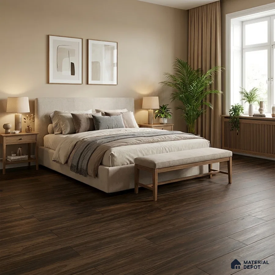 Scandinavian bedroom with walnut brown wooden flooring and beige paint